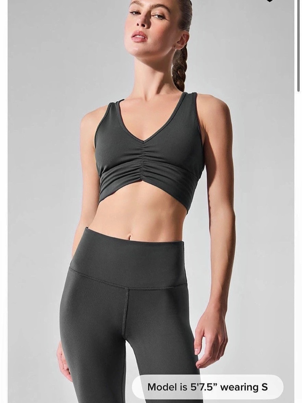 Alo Wild Thing Ruched Racerback Bra in Charcoal Green size S